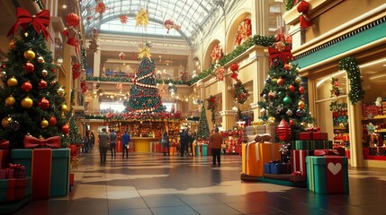A warm and inviting scene of a shopping mall, featuring a large display of colorful gifts