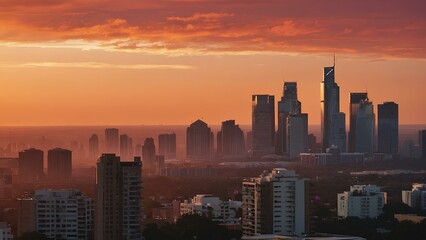 Fototapeta premium Serene Evening: A Breathtaking City Skyline Against a Pink and Orange Sky