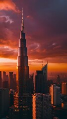 Obraz premium Serene Evening: A Breathtaking City Skyline Against a Pink and Orange Sky