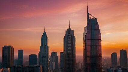 Fototapeta premium Serene Evening: A Breathtaking City Skyline Against a Pink and Orange Sky