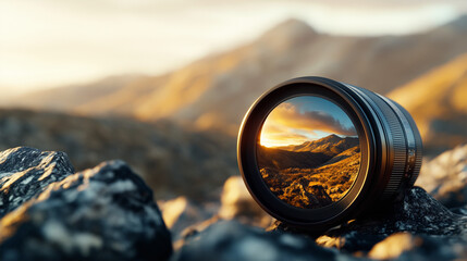 Photorealistic close-up of a camera lens capturing a stunning mountain landscape at sunset