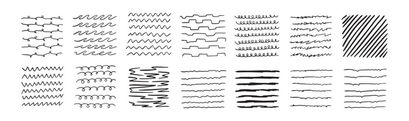 Lines by pen Hand drawn black Doodle strokes, underlines by pencil. Brush scribbles, frames, borders, design elements.