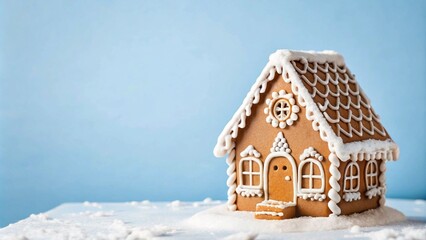 Fototapeta premium A festive gingerbread house on a blue background, perfect for a Christmas greeting card with snow and space for a message.