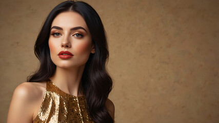 An elegant woman with long hair wears a gold dress, exuding confidence and glamour against a neutral background.