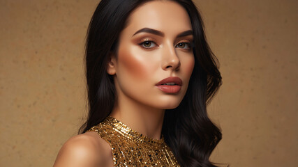 A refined woman in a shimmering gold top, embodying grace, sophistication, and classic beauty.