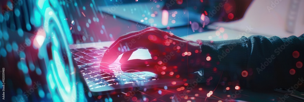 Fototapete a hand interacts with a laptop keyboard, emphasizing data protection in a vibrant cyber security-the