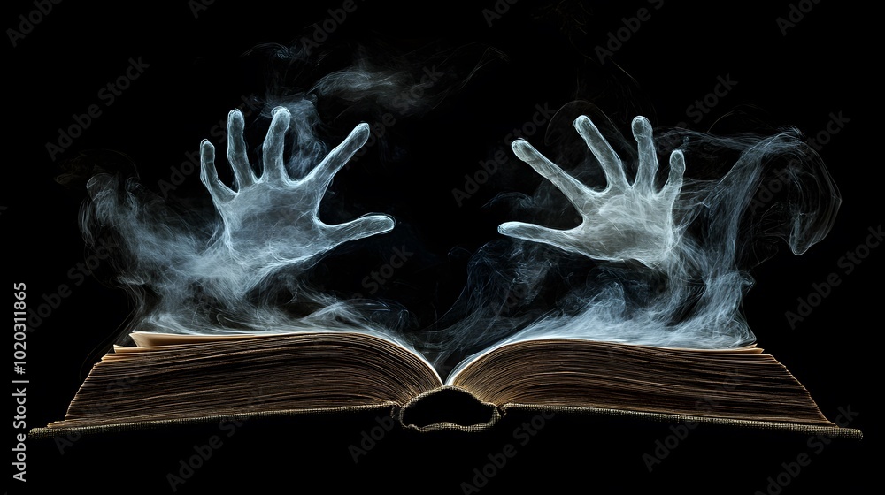 Wall mural a book opening, with ghostly hands emerging from its pages, pulling the viewer into a spooky story f