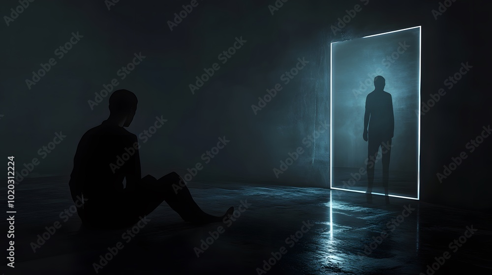 Poster a surreal a person sitting alone in a dark room, their reflection in a mirror showing a ghostly figu