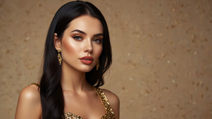 A model in an elegant gold gown glows against a textured backdrop, merging charm and confidence with timeless poise.