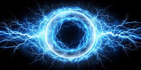 An ethereal luminous ring, pulsating with electric energy, radiates a captivating blue glow against a backdrop of infinite darkness.