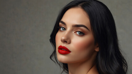Sensuous portrait of a woman with vibrant lips and captivating expression, epitomizing classic and modern aesthetics.