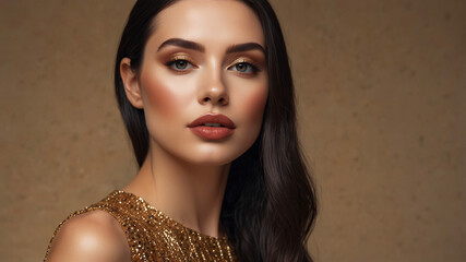 A fashionable woman exudes elegance in shimmering gold dress, showcasing refined looks and poised confidence.