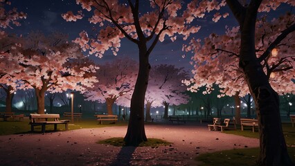 Serene Twilight at the Cherry Blossom Park – Japan-Inspired Tranquility with Sakura in Bloom