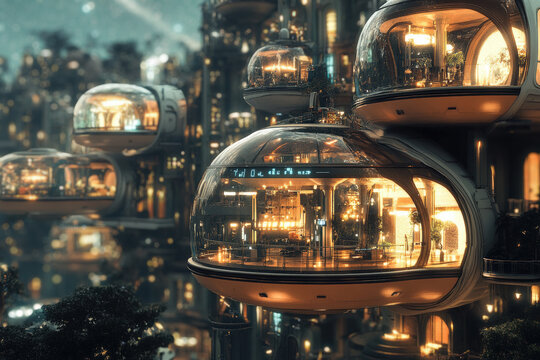 Futuristic Cityscape with Floating Pods - Powered by Adobe