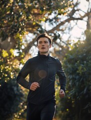 Obraz premium A young man runs through a wooded area with a determined look on his face.