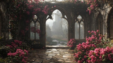 Fototapeta premium Stone Archway Overlooking a Foggy Forest with Pink Blossoms