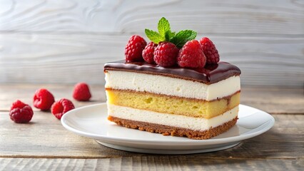 A single slice of layered cake with a chocolate ganache glaze and fresh raspberries, resting on a white plate amidst a scattering of raspberries on a wooden table.