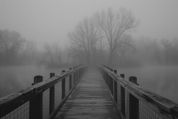 A foggy bridge over a body of water