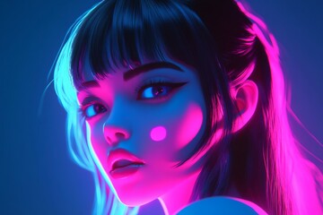 Fototapeta premium 3D Anime Girl, Neon pink and blue accents Background Wallpaper