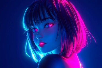 3D Anime Girl, Neon pink and blue accents Background Wallpaper