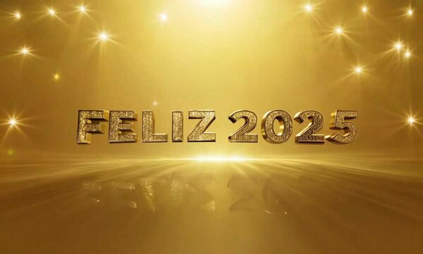 Letras "Feliz 2025" en dorado brillante sobre un fondo dorado. A&ntilde;o nuevo