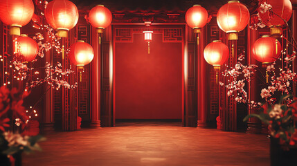 A vibrant corridor adorned with red lanterns, flowers, and warm lighting, ideal for cultural celebrations and festive decorations.