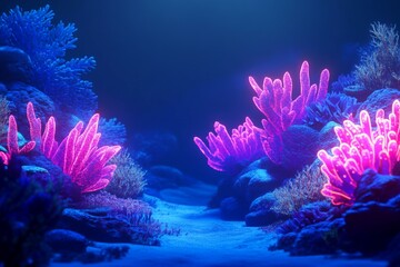 Obraz premium 3D Coral Reef, Neon blue glowing waters Background Wallpaper