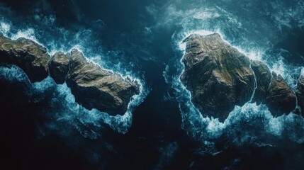 Aerial View of Two Rocky Islands Surrounded by Foaming Ocean Waves