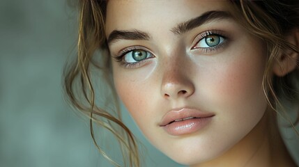 Close-up Portrait of a Young Woman with Freckles and Blue Eyes