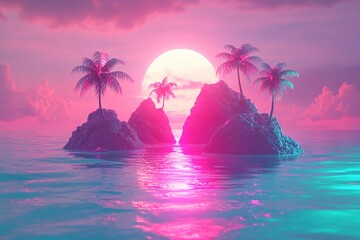 3D Islands, Neon pink and turquoise seas Background Wallpaper