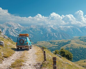 Fototapeta premium Off-road SUV traversing a narrow mountain pass with a steep drop