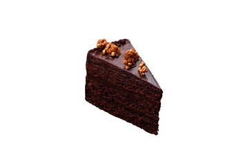 Piece of sweet chocolate cake with nuts
