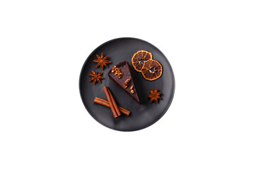 Piece of sweet chocolate cake with nuts
