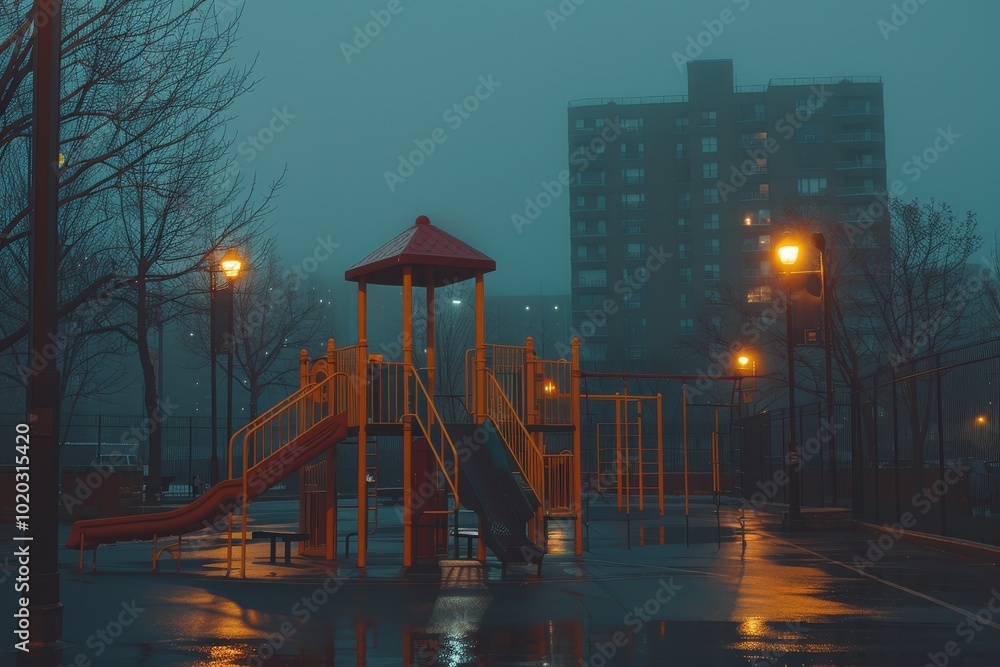 Poster a playground with a slide and a swing set