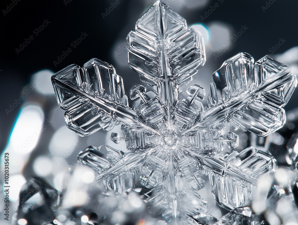 Poster detailed image of a snowflake with unique and intricate crystal patterns.this is a closeup view of a