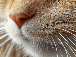 Extreme close-up of a cat’s whiskers and fur, showing individual hairs.A detailed close up view of a cats nose and its long whiskers