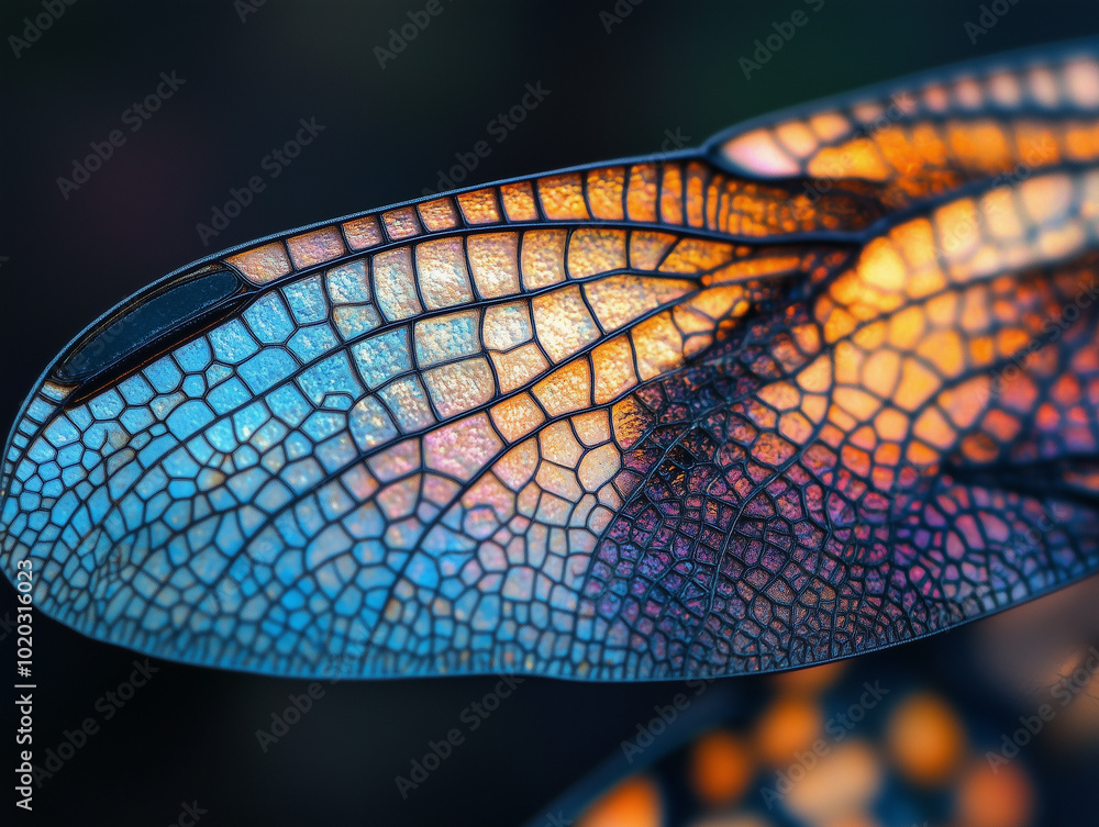 Aufkleber macro shot of a dragonfly’s wings with intricate patterns and colors.close up of a dragonfly wing wi