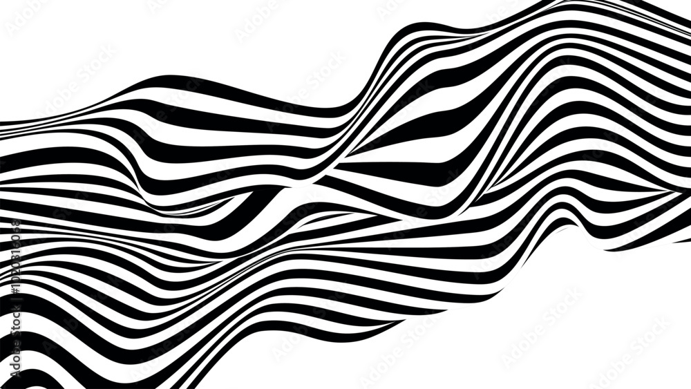 Poster vector optical illusion with black and white squares. abstract curve wave background.