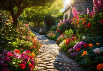 Obraz premium lush vibrant flora framing delightful outdoor spaces beautiful arrangements rich textures, botanical, balcony, beauty, blooming, blush, blooms, colored