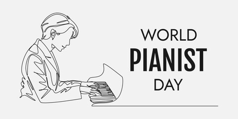 World Pianist Day. Woman playing piano. Beautiful female pianist with short hair. Editable line. Continuous one line drawing.