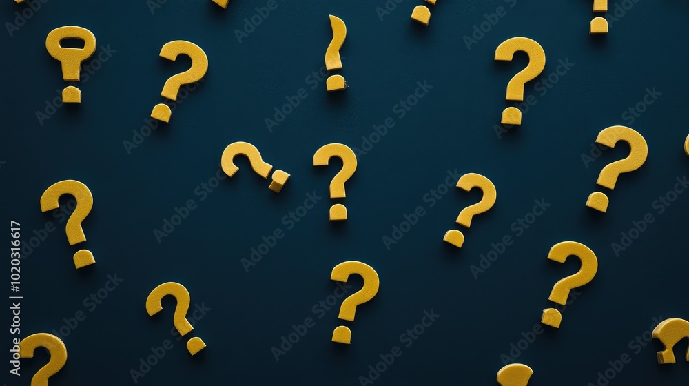 Poster multiple question mark icons in different sizes on a dark blue backdrop, representing problem-solvin