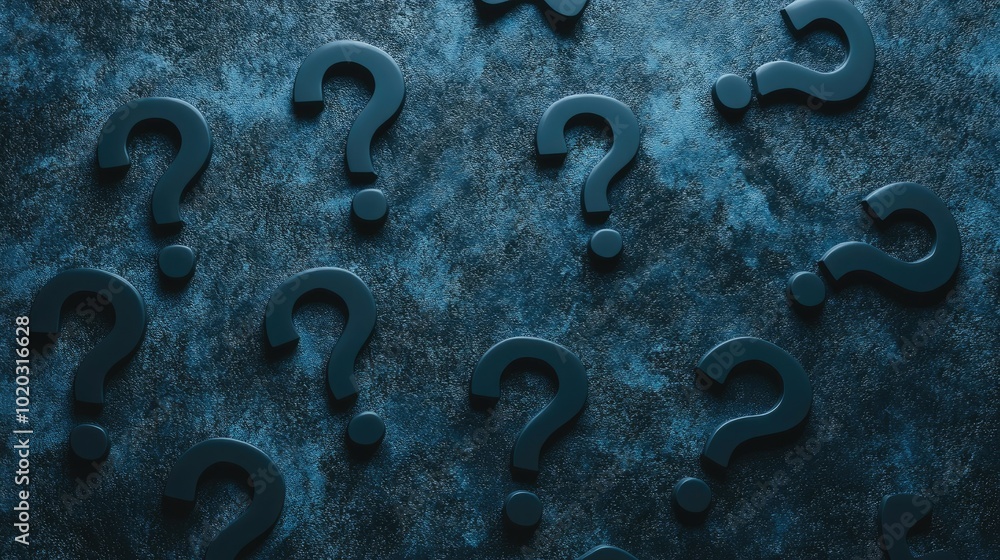 Poster multiple question mark icons in different sizes on a dark blue backdrop, representing problem-solvin