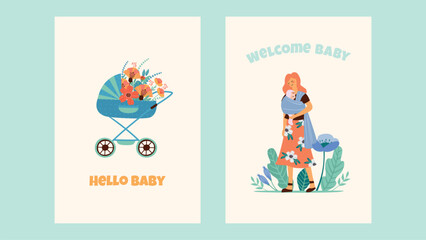 Baby birthday cards. Cute illustrations with mom and baby carriage. Vector templates