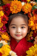 Little Girl in Red Hanfu Surrounded by Colorful Flowers