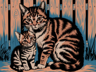 Charming illustration of a cat and kitten in a wooden yard setting. Generative AI