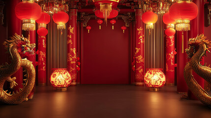 A vibrant interior featuring ornate red decorations, Chinese lanterns, and majestic dragon sculptures for festive occasions.