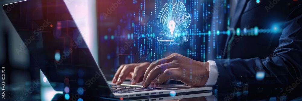Poster a cybersecurity expert types on a laptop, surrounded by glowing symbols of data protection, emphasiz