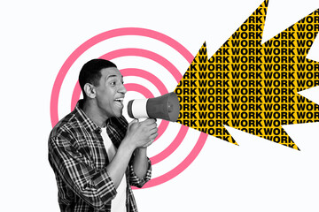 Composite photo collage of excited american boss scream loudspeaker work invitation proposal...