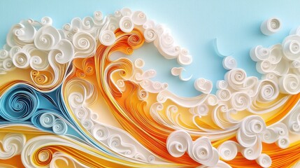 Paper quilling waves in orange, yellow, and white hues set on a light blue backdrop, with close-up detailing of each curve.