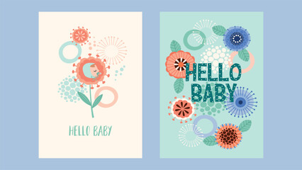 Fototapeta premium Baby birthday cards. Cute illustrations with funny abstract flowers. Vector templates